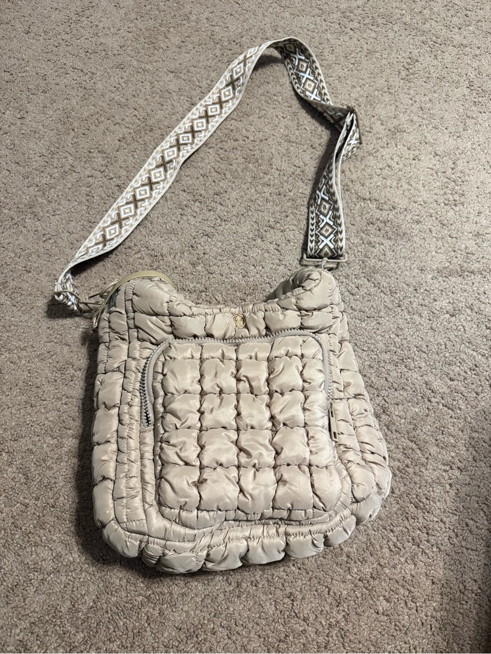 Vera Bradley Quilted Crossbody Bag in Taupe with Patterned Strap